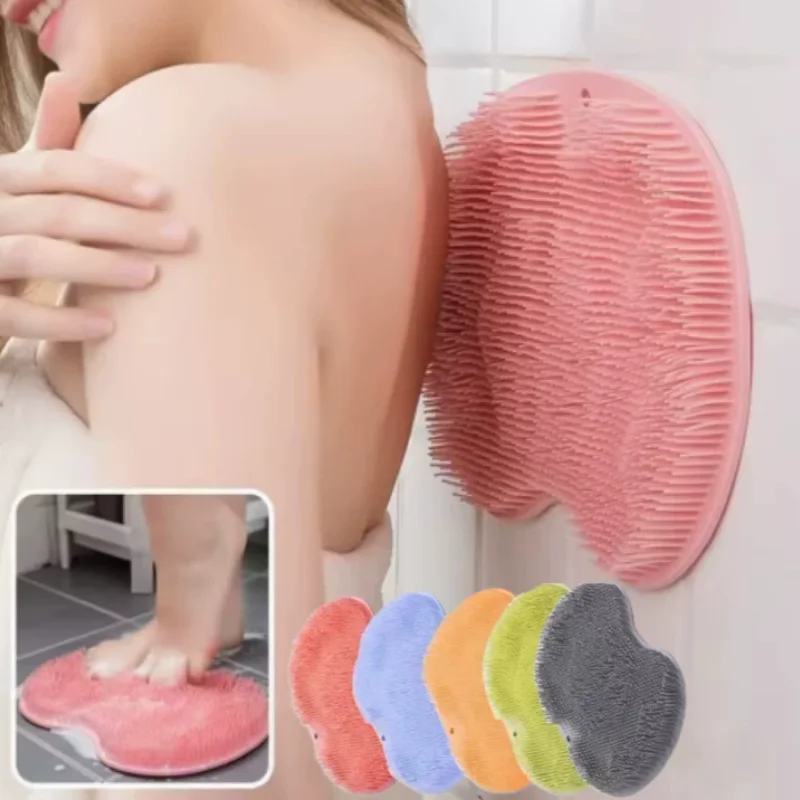 Person using a pink exfoliating brush on their leg with inset images of the brush and additional colors.
