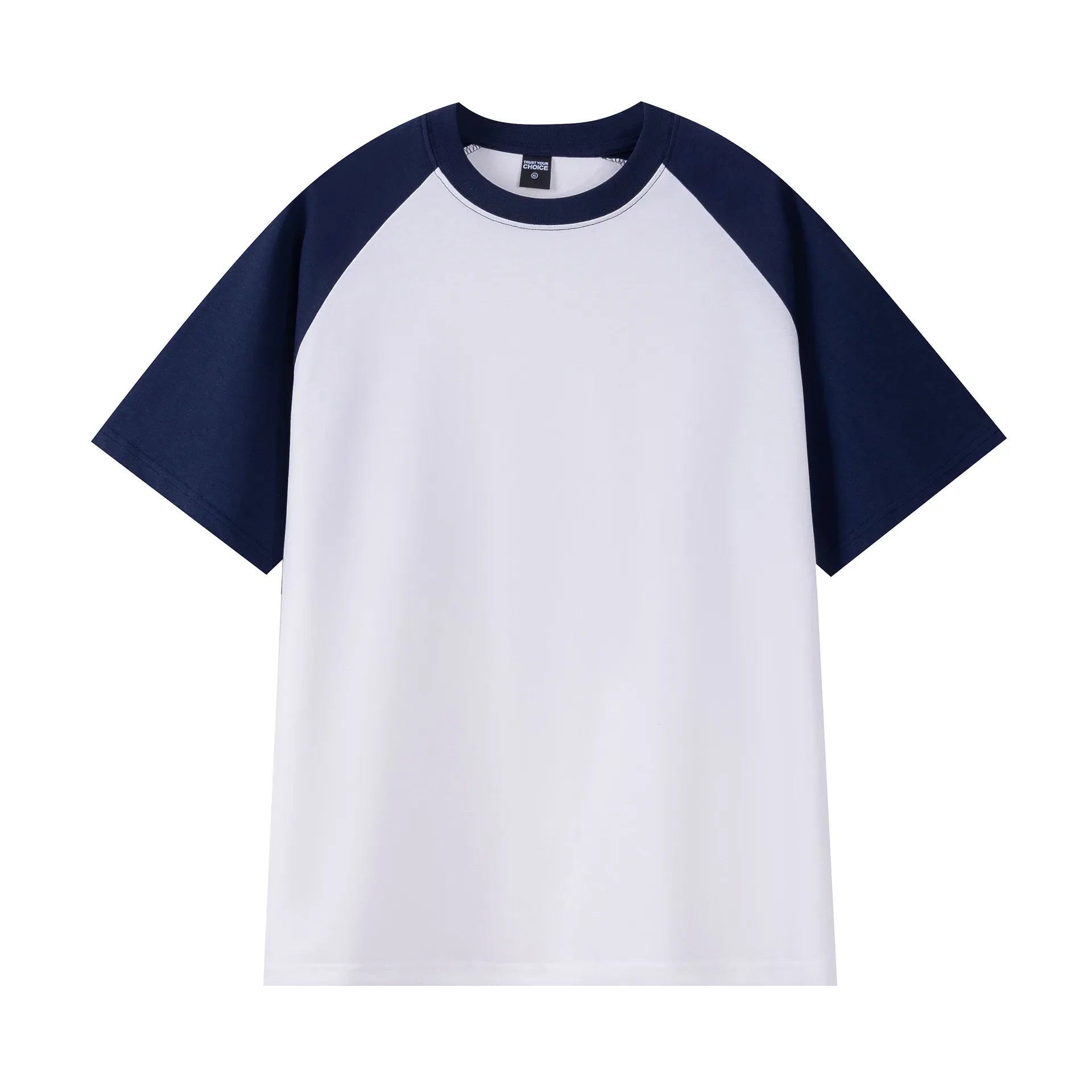 White t-shirt with navy sleeves on a white background
