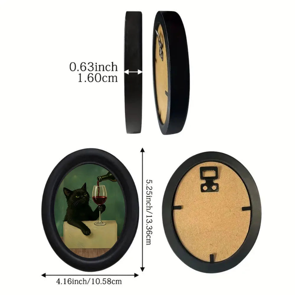Wall art with black frame featuring a black cat holding a glass of wine, shown from multiple angles with measurements.