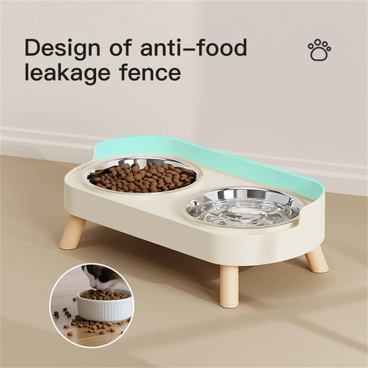 Pet feeding station with anti-food leakage design on a beige floor.