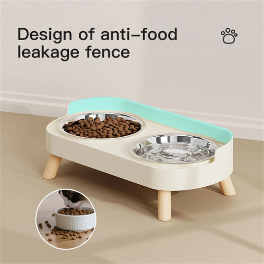 Pet feeding station with anti-food leakage design on a beige floor.
