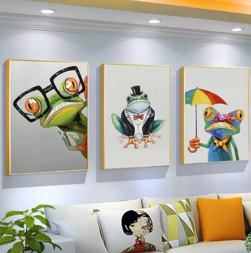 Three colorful frog paintings on a wall above a sofa.