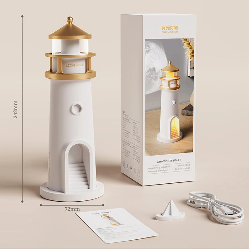 White and gold lighthouse-shaped light with packaging, dimensions, and accessories on a beige background