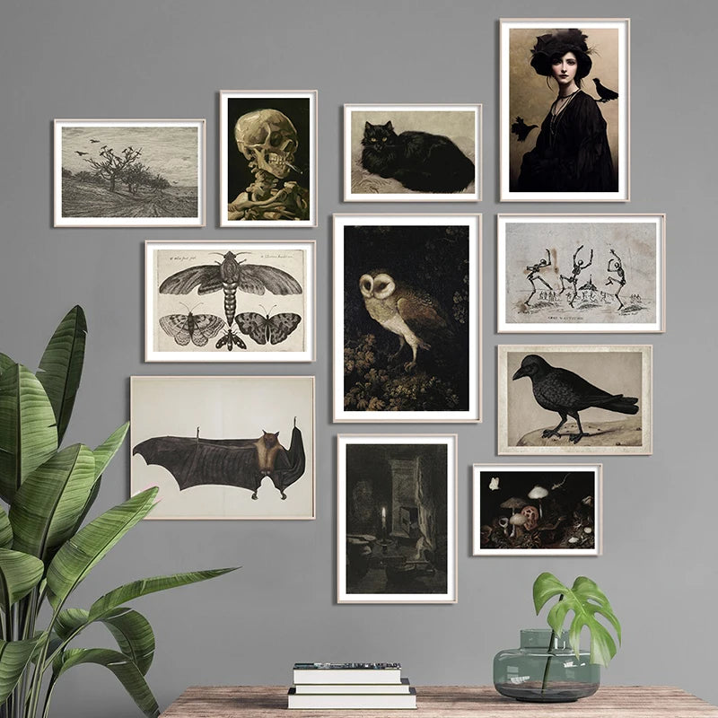 Vintage natural history gallery wall set featuring animal and botanical art prints in a classic interior.