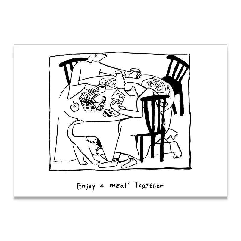 A black and white cartoon art print showing a family having a meal together at a dining table, with the caption 'Enjoy a meal' Together' printed below on a white background.