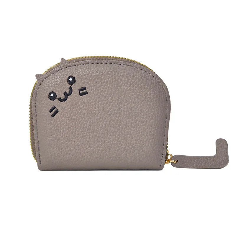 Gray pouch with a cat face design on a white background