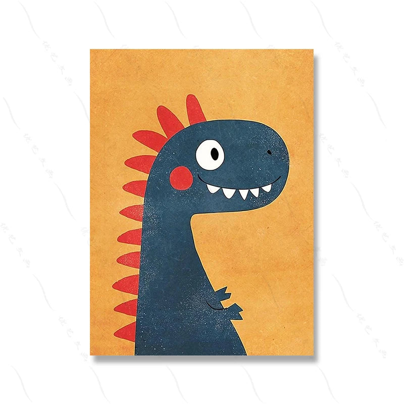 Cartoon dinosaur illustration on a mustard yellow background