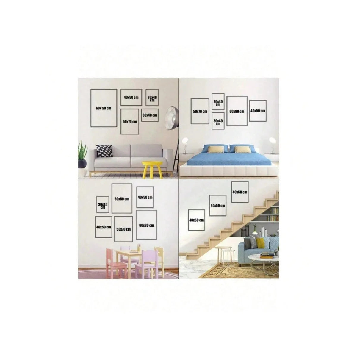 Collage of a living room and bedroom with wall art frames.