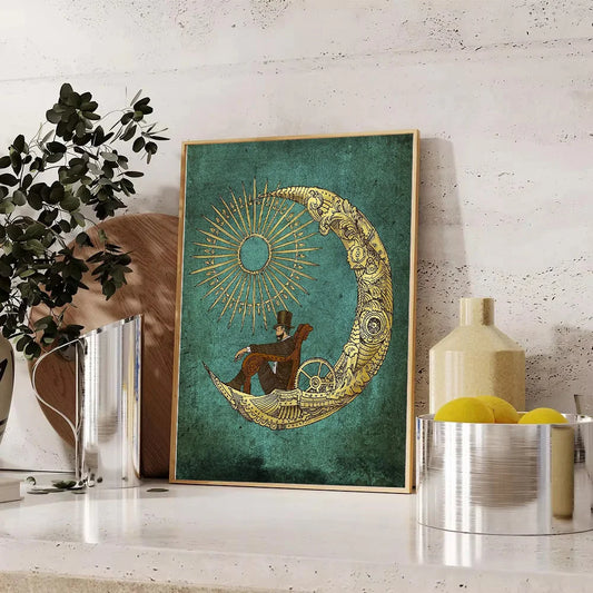 Decorative wall art with a celestial design of a man on a crescent moon against a teal background, placed on a shelf.