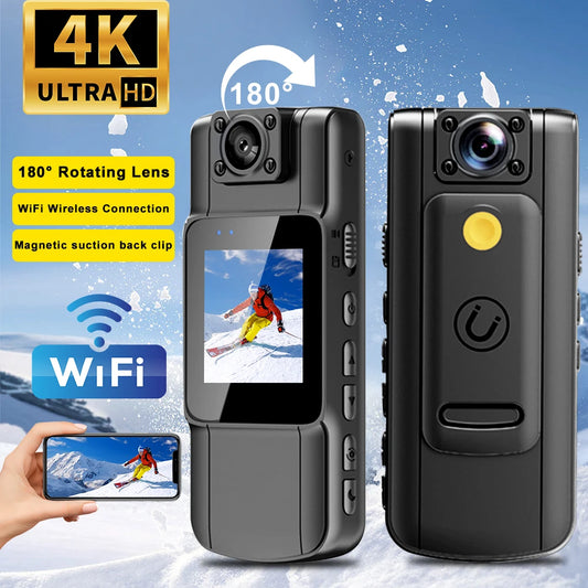 Body camera with 4K Ultra HD display, rotating lens, and WiFi connection on a snowy background.
