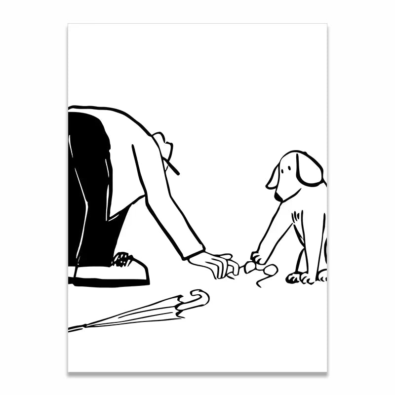 A minimalist black and white line art illustration depicting a person bending down to comfort or reach a dog, with an umbrella on the ground, shown as a vertical art print.