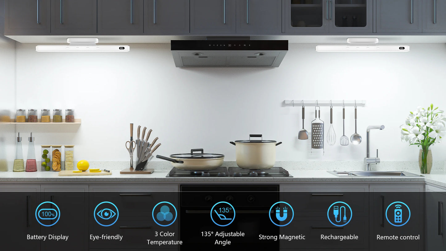 Modern kitchen with black range hood and kitchen utensils, featuring text about product features.