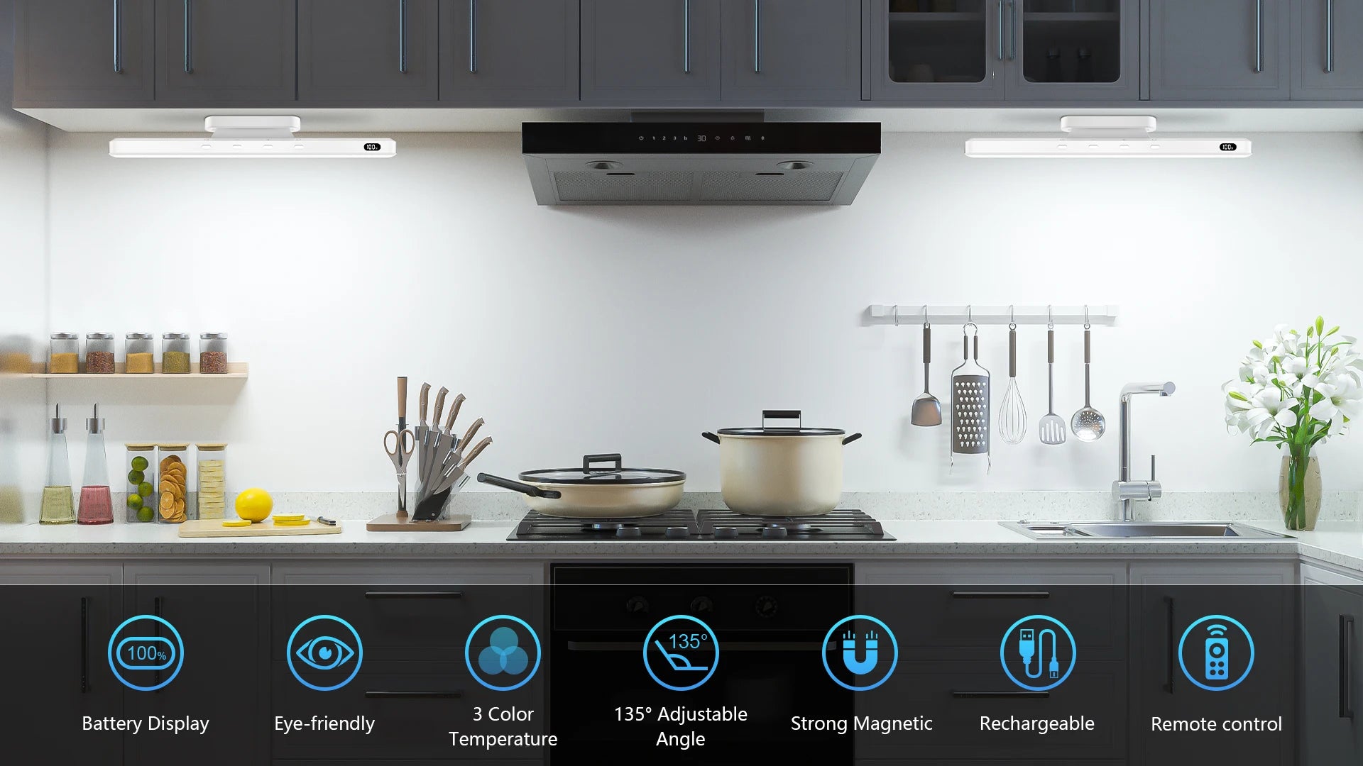 Modern kitchen with black range hood and kitchen utensils, featuring text about product features.