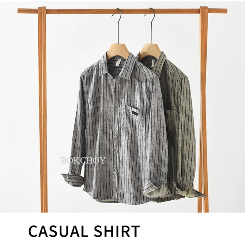 Men’s vintage striped long sleeve shirt with turn-down collar in Coffee/Grey on a clothes rail