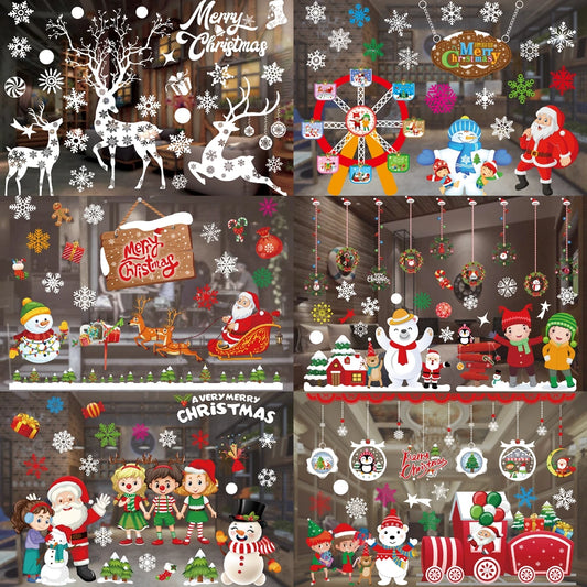 Christmas window stickers with Santa, reindeer, and snowman designs on glass doors
