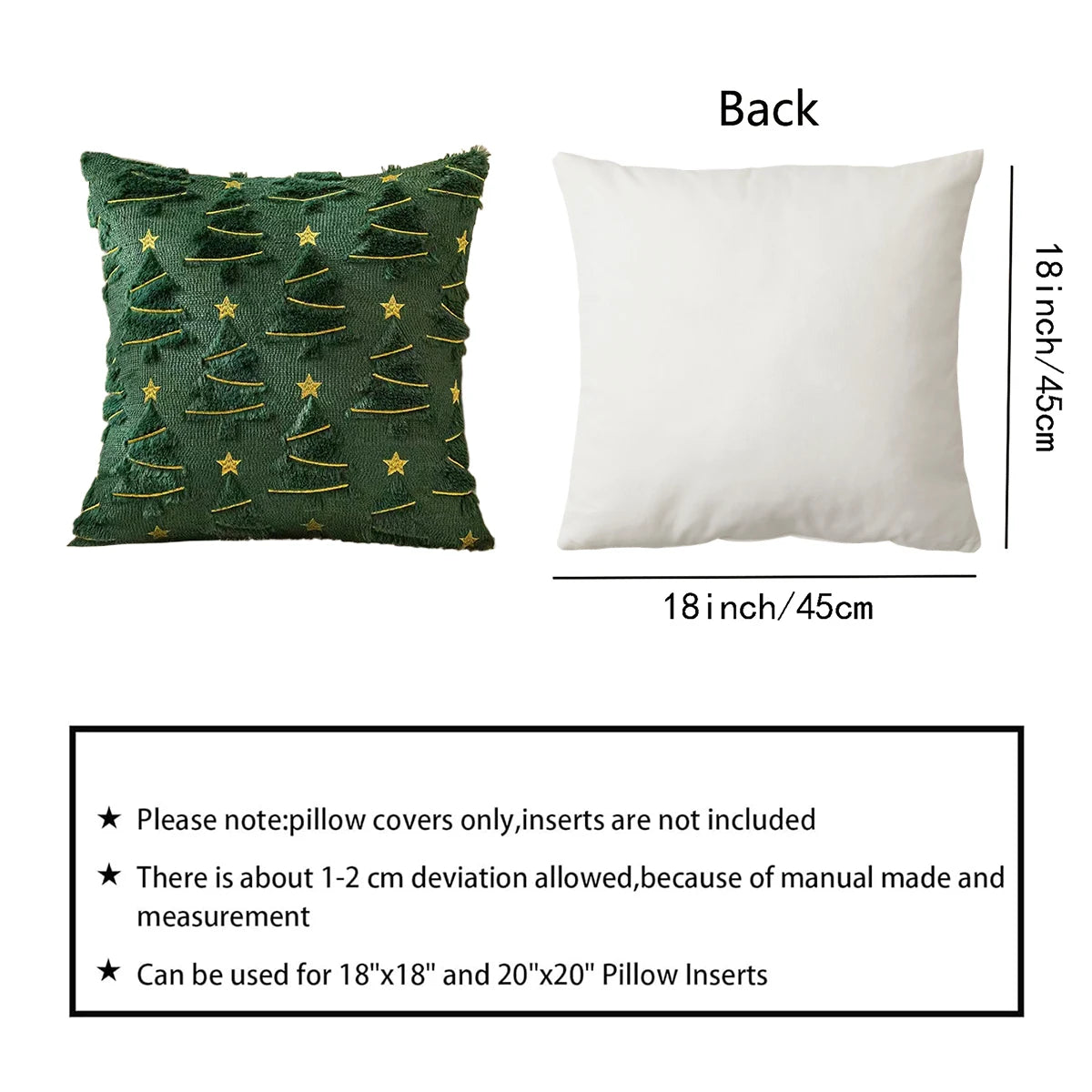 Green pillow with Christmas tree design and white pillow for comparison, with measurements and notes.