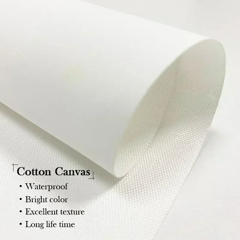 Roll of cotton canvas with text highlighting its features on a white background