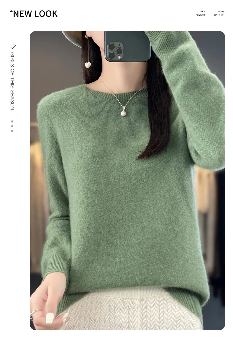 100% Merino Wool Women’s Sweater – Soft Cashmere-Feel O-Neck Pullover, Autumn/Winter Warm Knit Top (14 Colours)