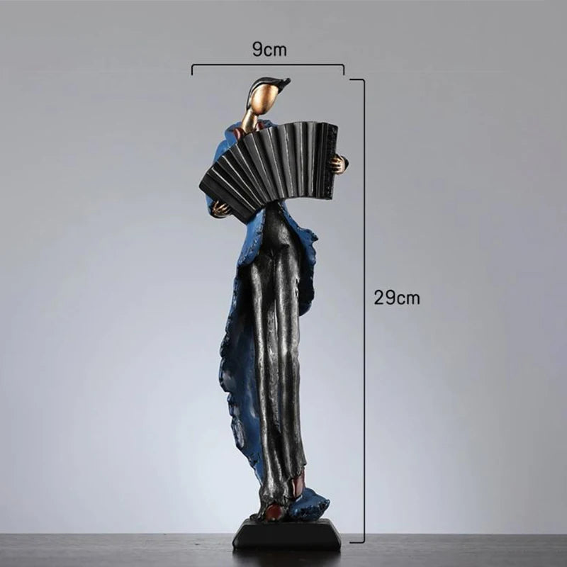 Statue of a person holding an accordion with dimensions indicated on a gray background