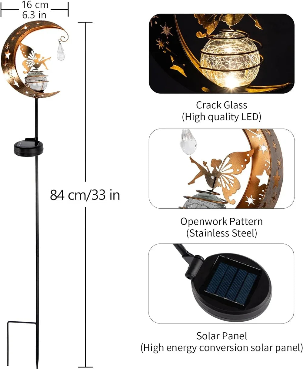 Solar-powered decorative lamp with crack glass, openwork pattern, and solar panel on a white background.