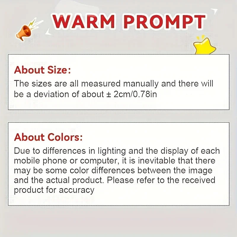 Text on a light gray background about size and color variations.