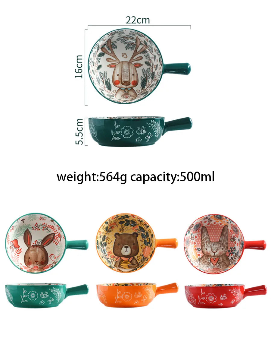Set of colorful ceramic bowls with animal designs, shown with measurements and weight capacity on a white background.