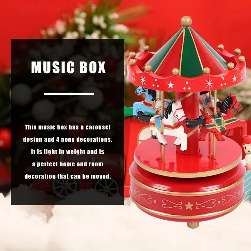 Red carousel-themed music box with horse decorations on a red background