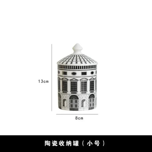 Decorative ceramic jar with architectural design and measurements on a white background