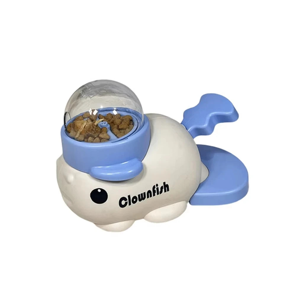Toy fish with a transparent bubble containing treats on a white background