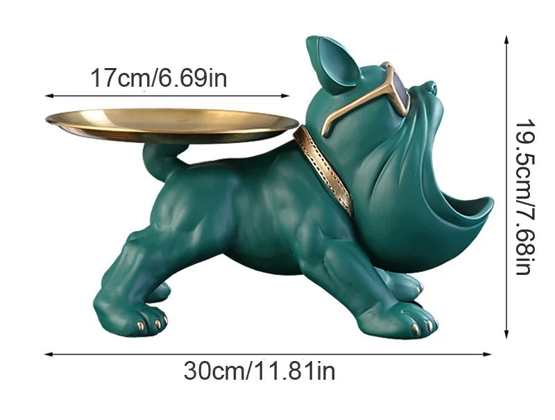 Green dog-shaped tray with gold accents and dimensions on a white background