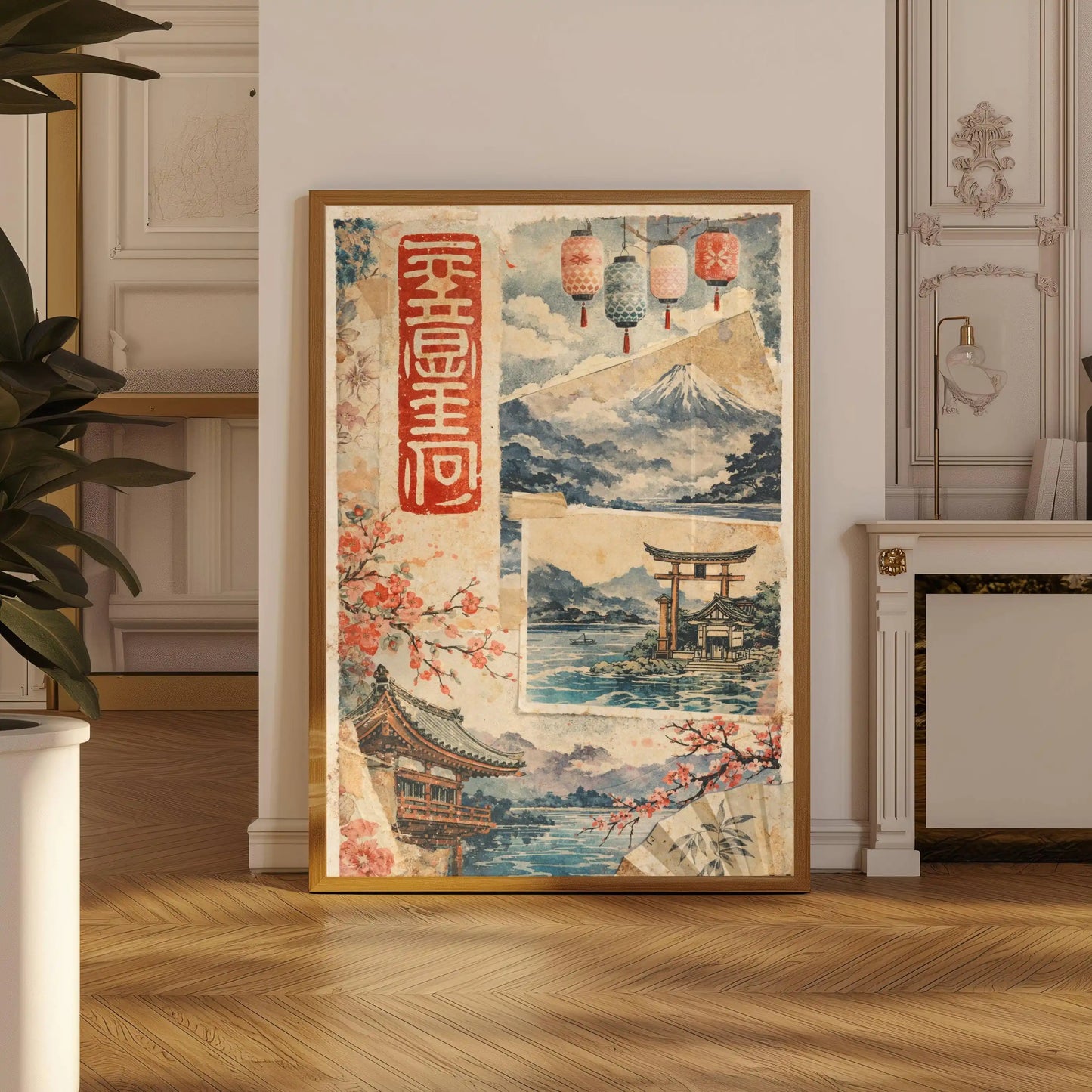Framed artwork with Japanese-inspired design in a room with wooden floor and white walls.
