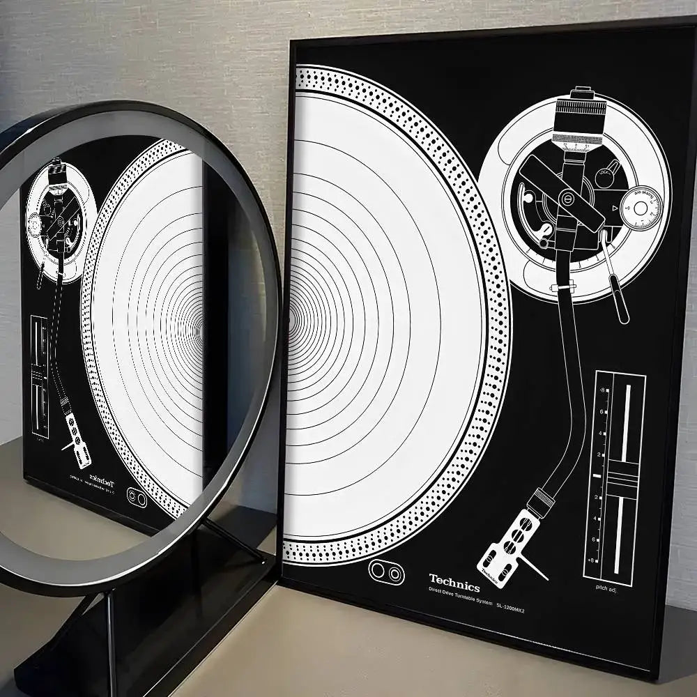 Technics turntable design on a black frame with white lines
