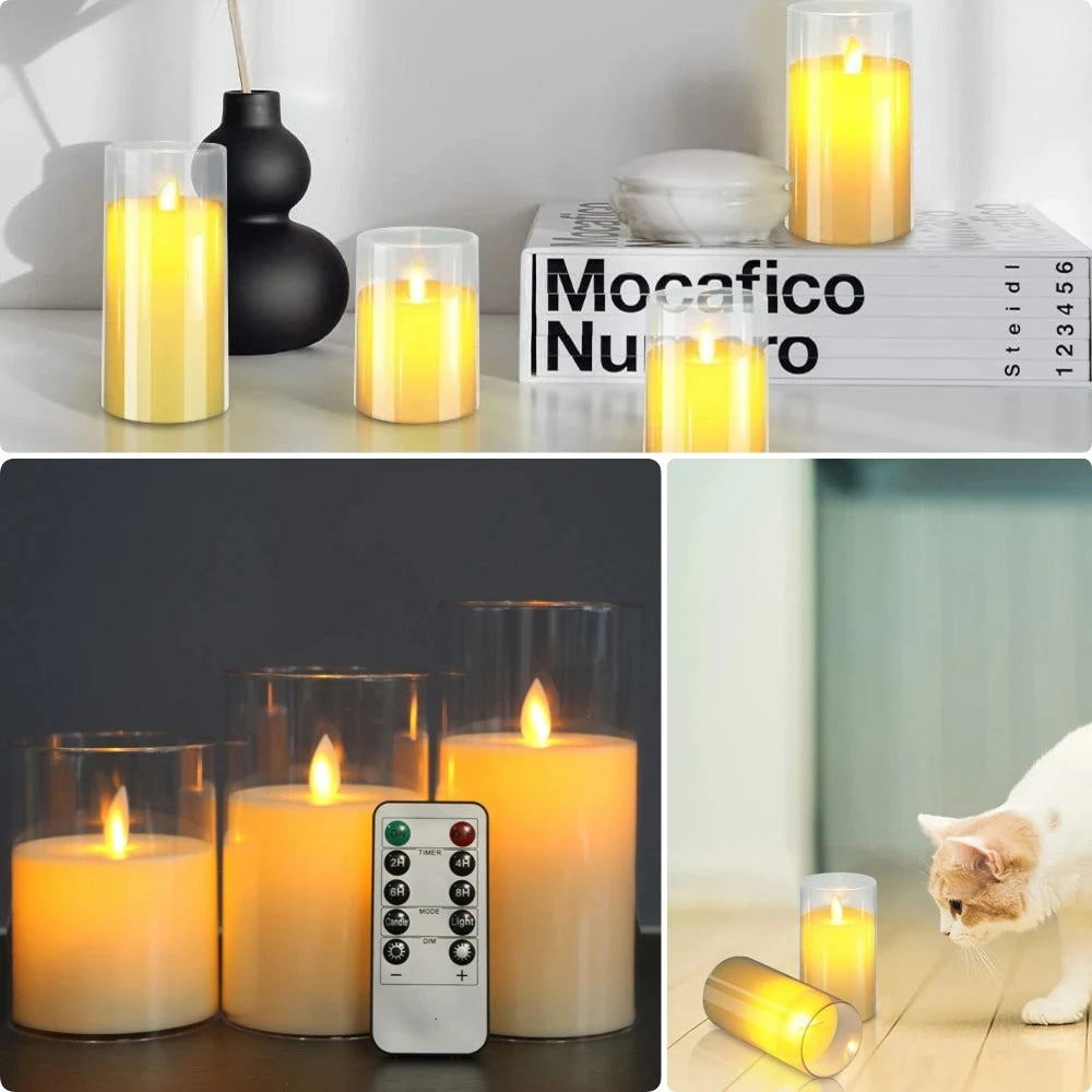 Collage of LED candles with a remote control, placed on a surface with a cat nearby.