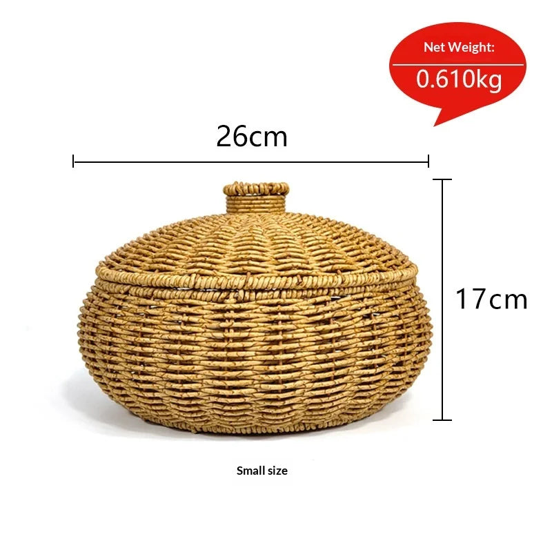 Woven basket with lid, measurements, and weight displayed on a white background