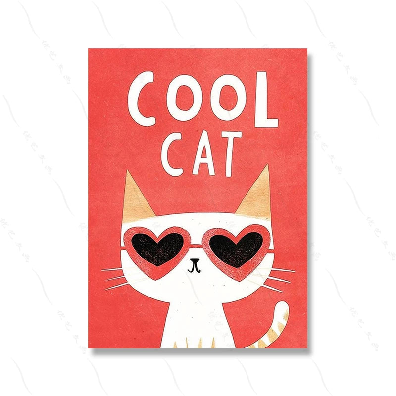 Card with a cat wearing heart-shaped sunglasses and the text 'Cool Cat' on a red background.