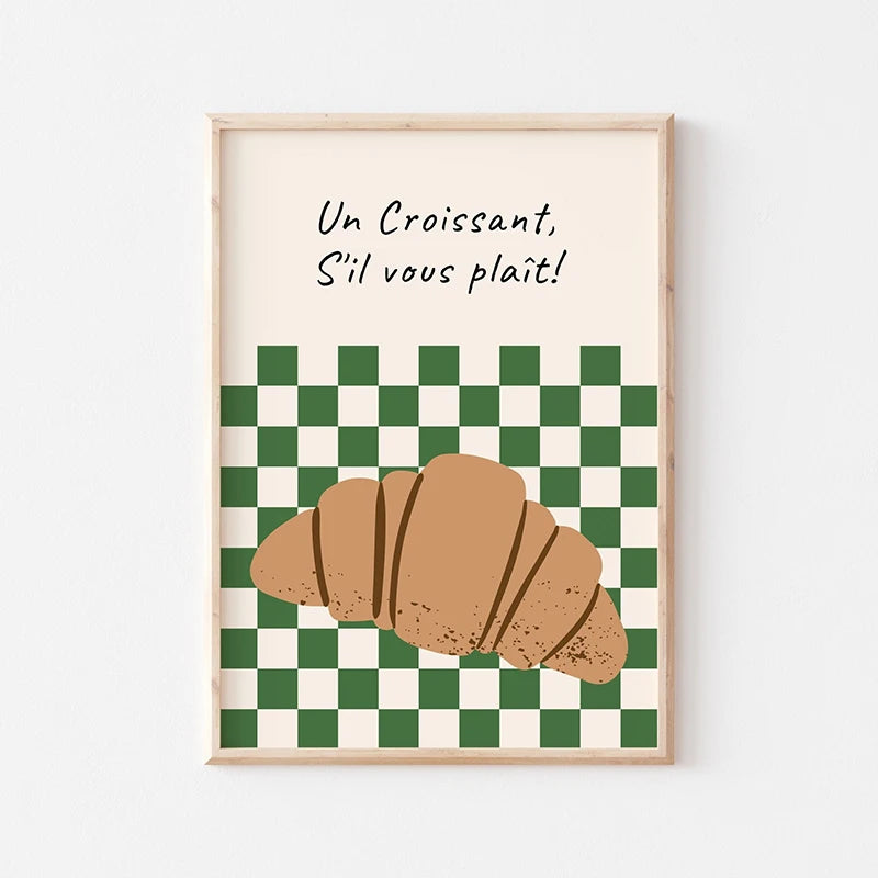 Framed artwork with a croissant illustration on a checkered background