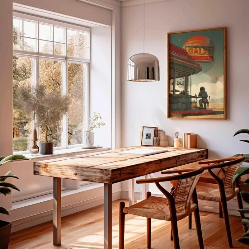 Dining room with wooden table and chairs, large window, and wall art.
