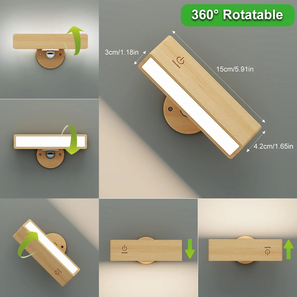 Wooden wall light fixture with 360-degree rotation feature, showing dimensions and light direction.