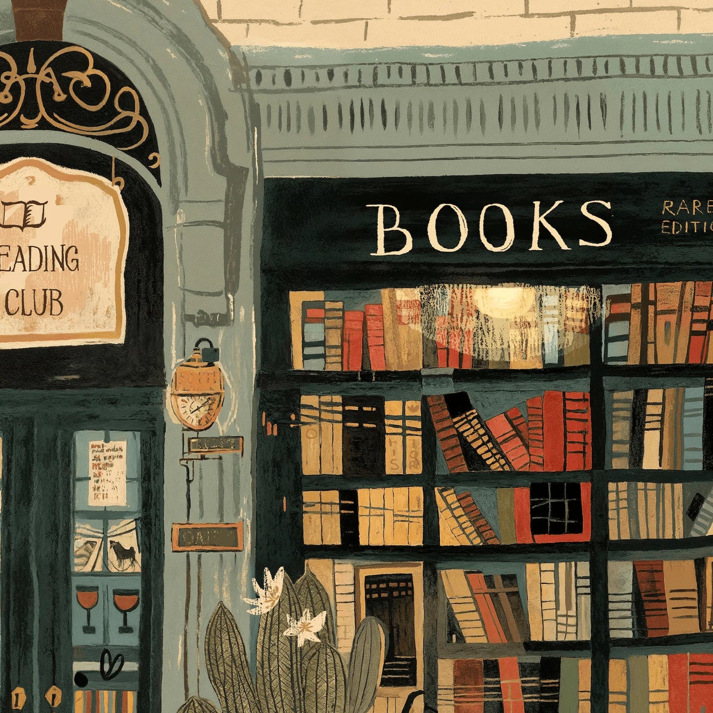 Illustration of a bookshop with books and decorative elements.