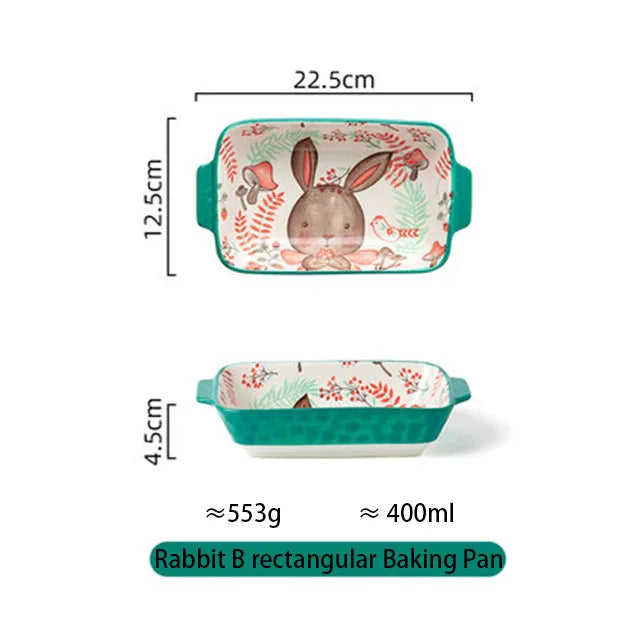 Rectangular baking pan with rabbit design and measurements on a white background