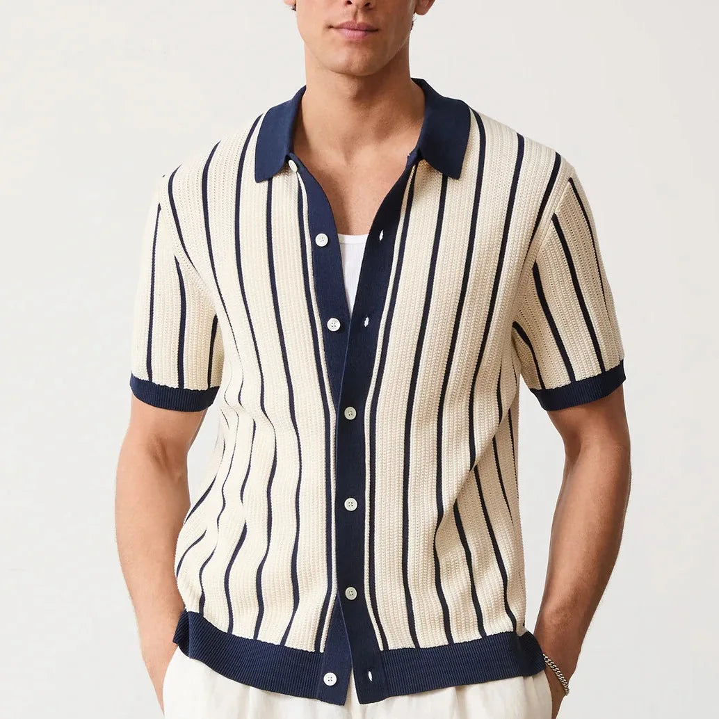 Men’s striped knit polo shirt with contrast collar and short sleeves in smart casual summer style