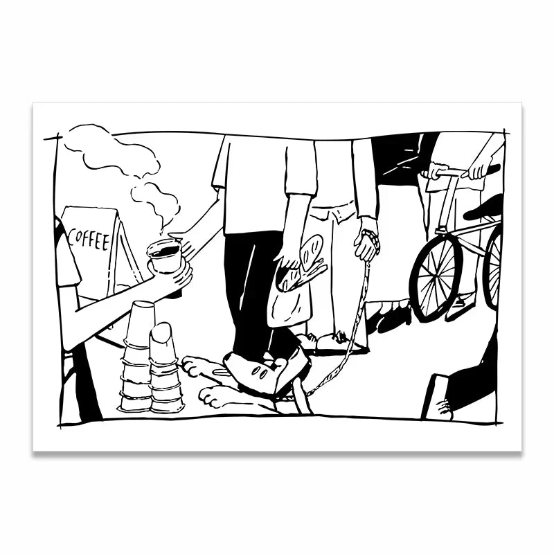 A black and white comic-style art print depicting a busy street scene with people, a coffee stand, stacked cups, and a bicycle, shown against a plain white background.