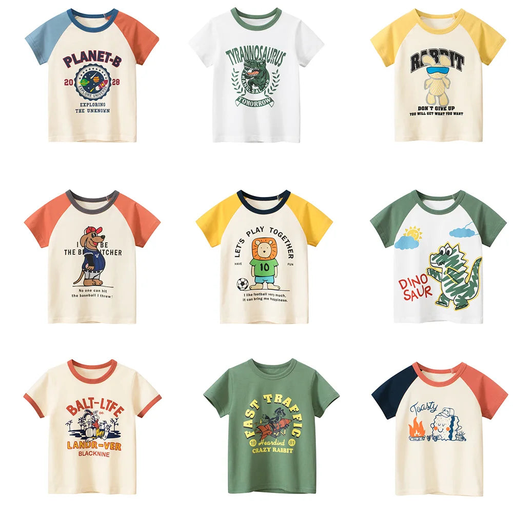 Retro cartoon kids t shirt with colourful raglan sleeves and graphic print for boys aged 2 to 8