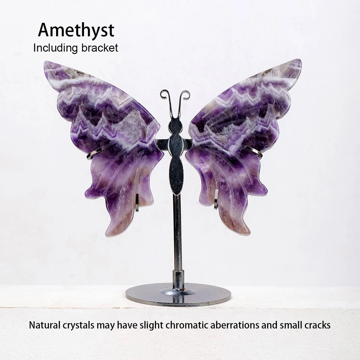 Amethyst butterfly sculpture on a stand with 'Amethyst' text above and 'Including bracket' text below.
