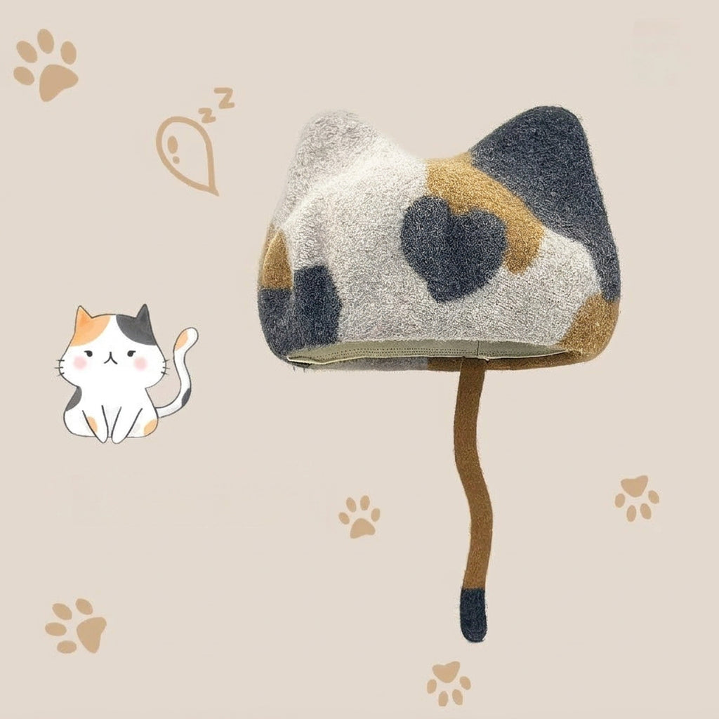 A wool cat-shaped hat with a long tail and calico pattern, shown on a beige background with paw prints, a sleeping cat illustration, and the text @LittlePotato.