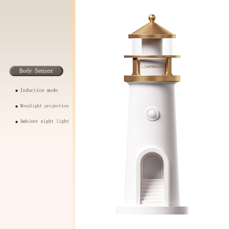 Lighthouse-shaped night light with gold top and white body on a white background
