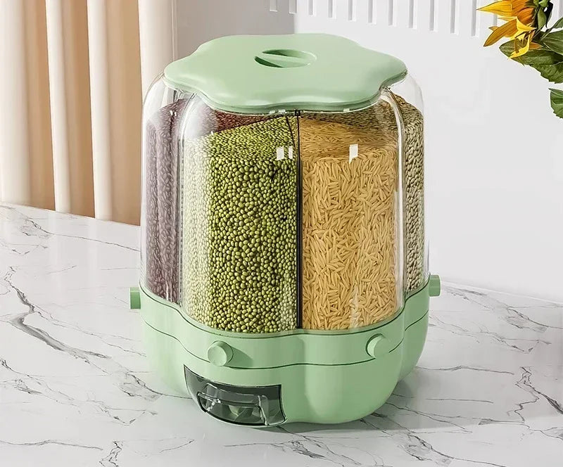 360° rotating cereal and grain dispenser with multiple compartments