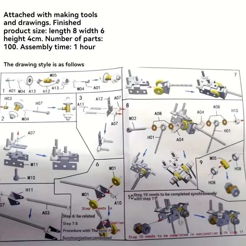 Assembly instructions and parts diagram for a small mechanical model with text on product size and assembly time.