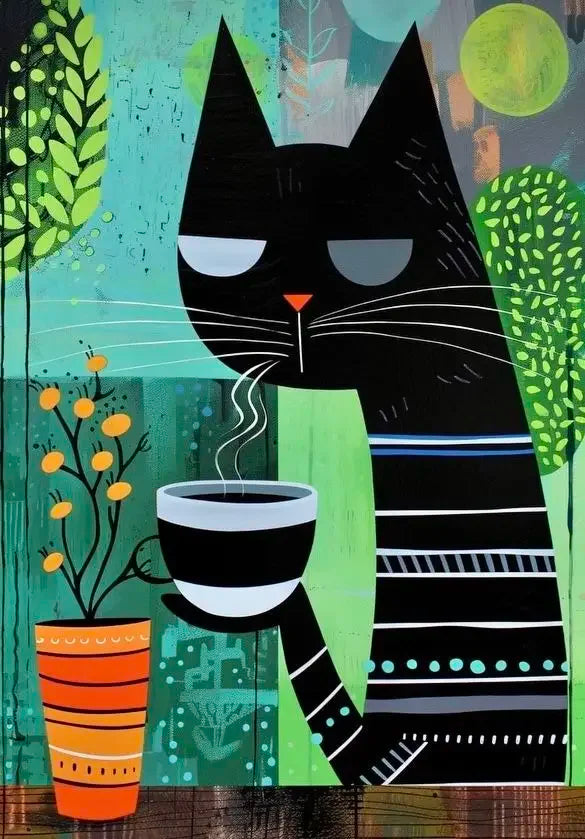 Illustration of a black cat holding a coffee cup with a green forest background