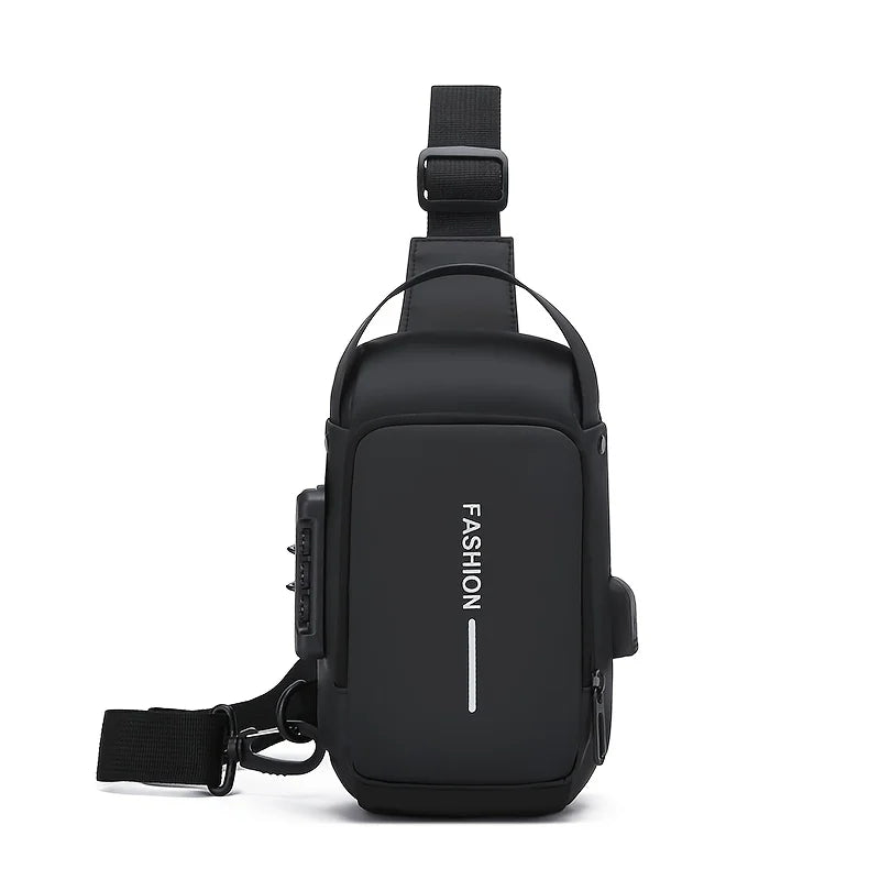 Black shoulder bag with 'FASHION' text on a white background